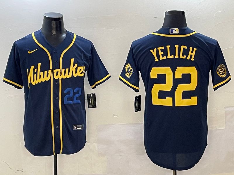 Men Milwaukee Brewers #22 Yelich Drak Blue Game 2025 Nike MLB Jersey style 03092->milwaukee brewers->MLB Jersey